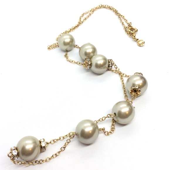 J. CREW LONG FAUX PEARL CHAIN RHINESTONE NECKLACE RONDELLES GOLD TONE - Picture 4 of 6